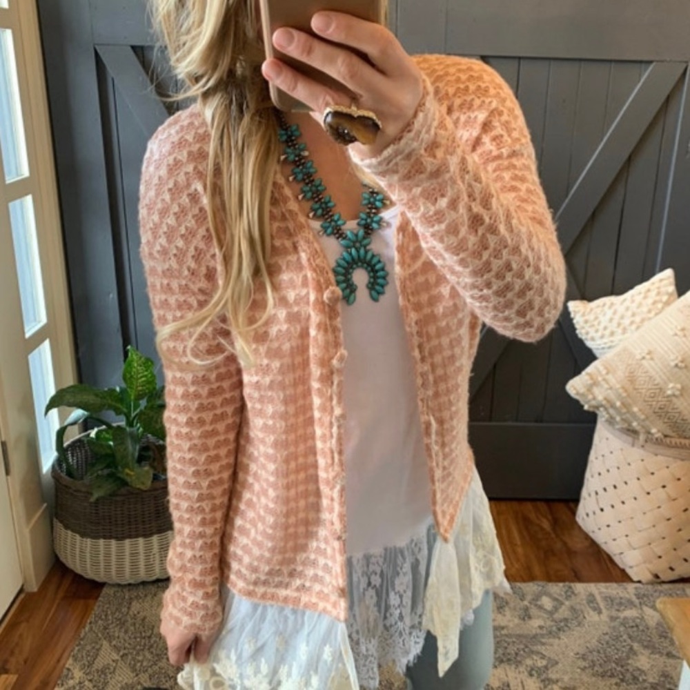 New Crochet Knit Lace Hem Cardigan Sweater - Picture 5 of 7